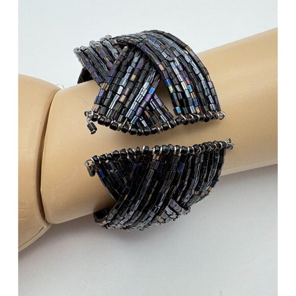 Black Iridescent Beaded Coil Bracelet Multi Strand Braided Woven Design - Picture 2 of 6